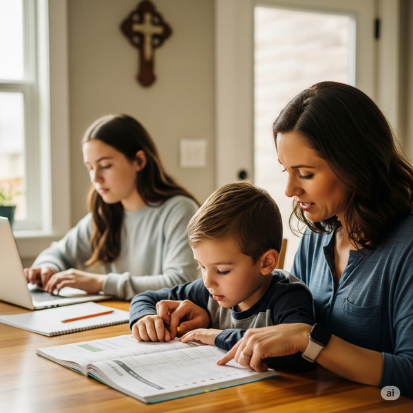 A mother helps her son with reading while her older daughter works independently at a computer