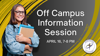 "Off Campus Information Session, April 16" text on a graphic with a high school student smiling