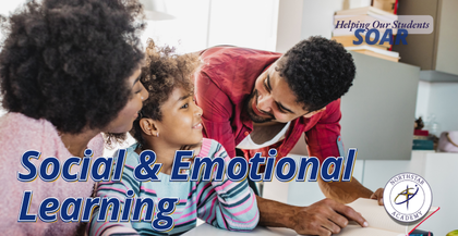 "Social and Emotional Learning" text above a picture of a father showing his daughter a book with the mother watching